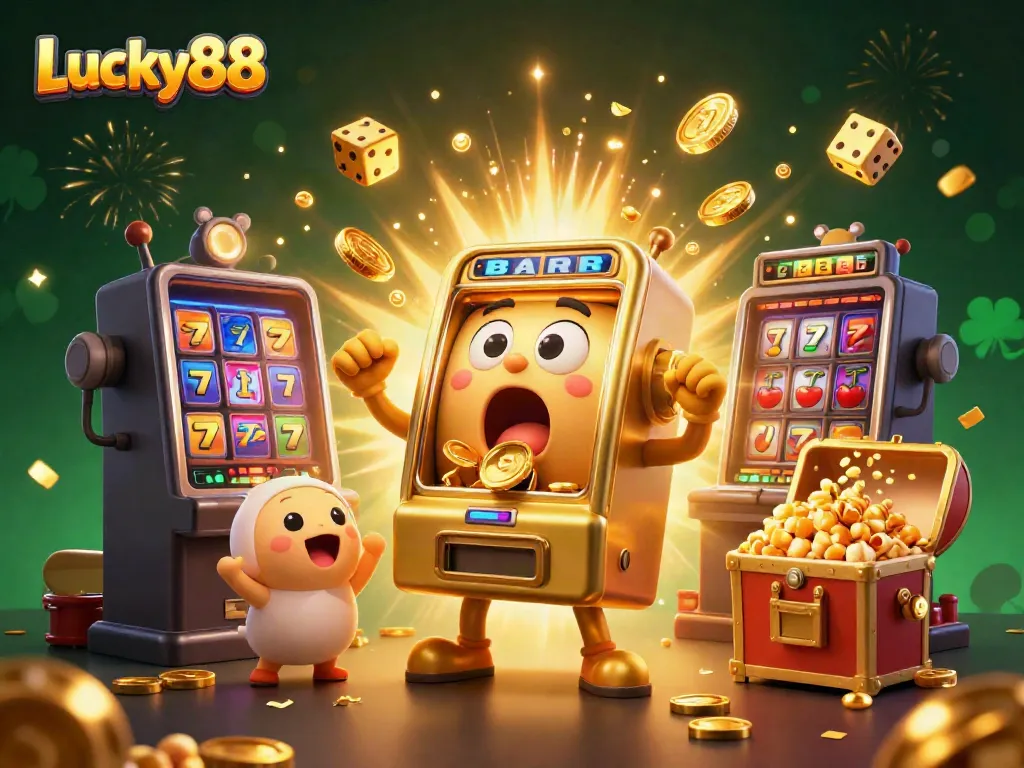 Experience the joy of Lucky88 as a golden slot machine celebrates winning coins in a vibrant casino scene.