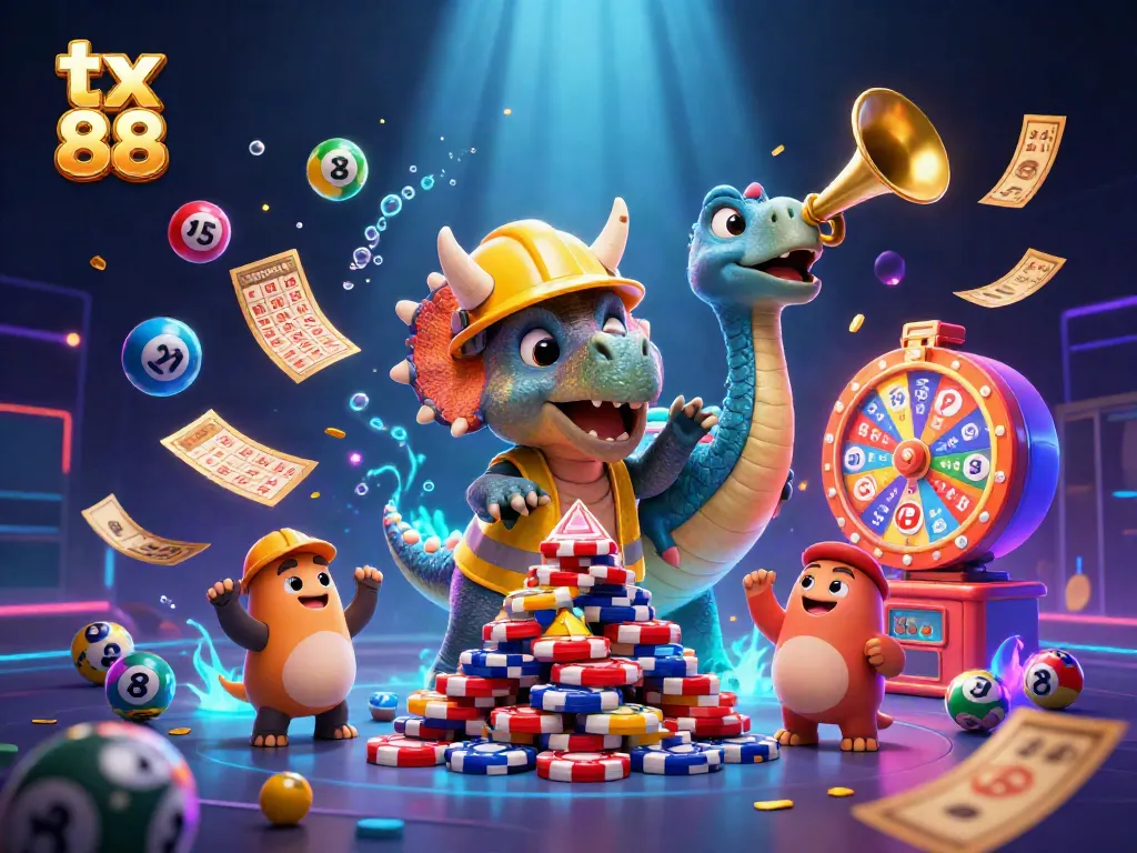 Experience thrilling luck with tx 88 and a celebration scene featuring fun casino games and vibrant characters.
