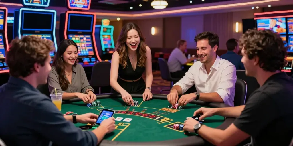 Exciting gameplay at a credit card casino with players making deposits, enjoying live dealer games in vibrant casino atmosphere.