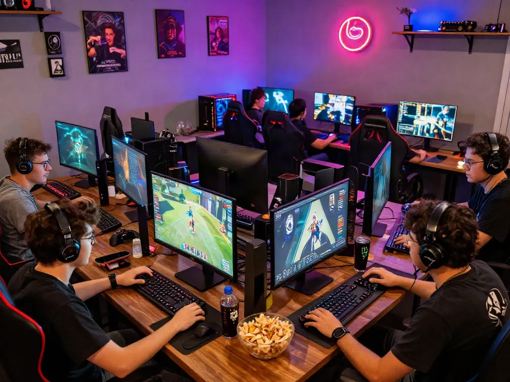 Gamers enjoying an engaging session at kilat404's vibrant gaming lounge.