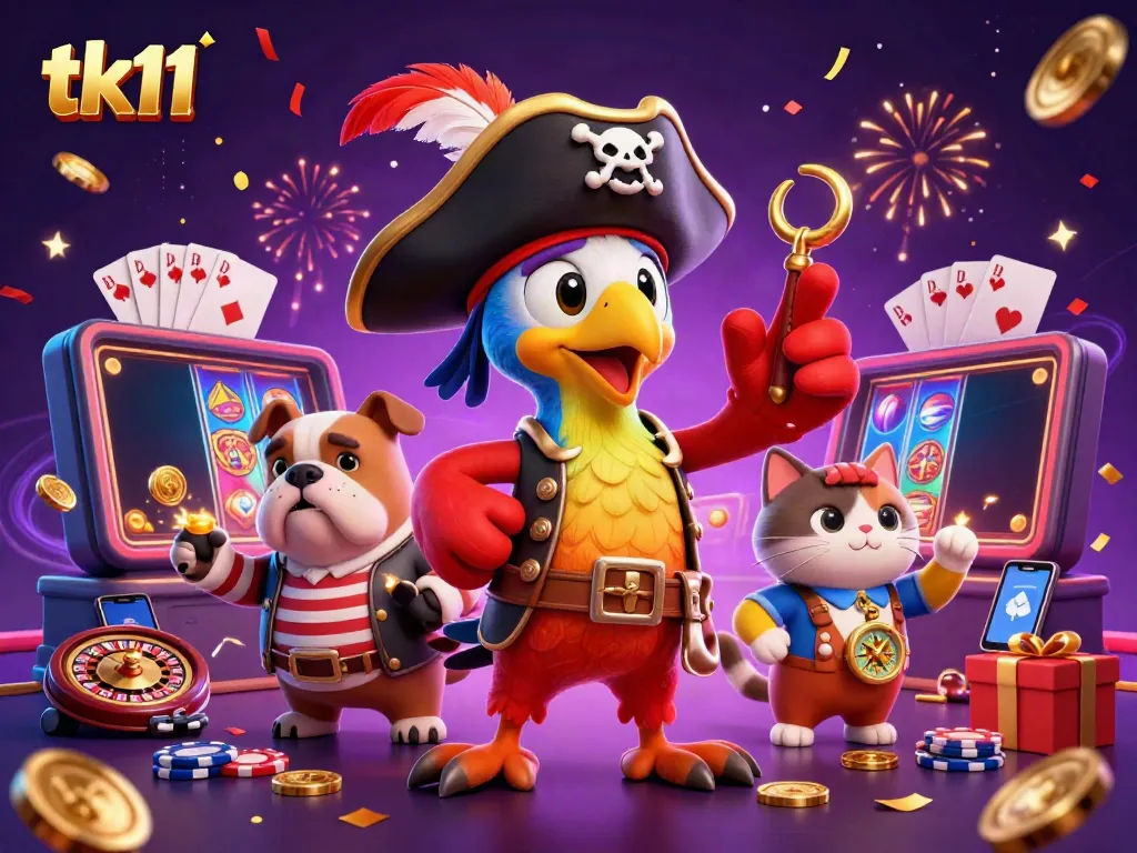 Experience thrilling casino action with tk11 featuring a vibrant pirate theme, colorful slot games, and dynamic characters.