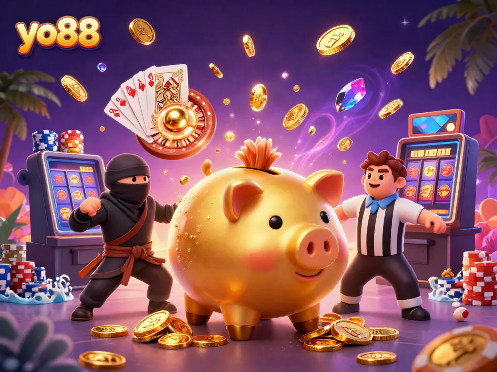 Spin the reels at yo88 with golden coins, vibrant poker chips, and energetic characters in action.