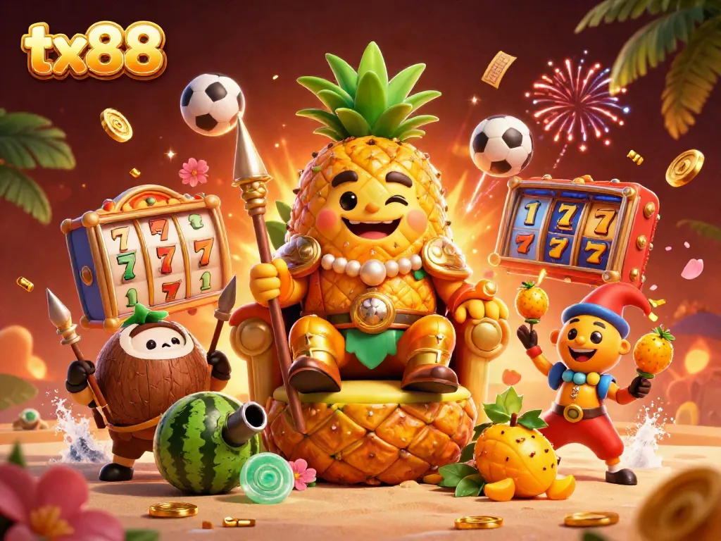 Experience the thrill of tx88 with a vibrant gambling scene showcasing characters, slot reels, and rich details.