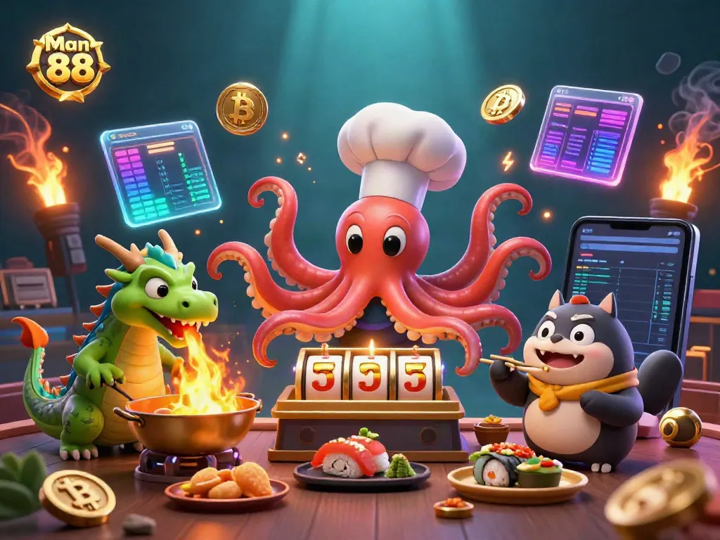 Experience thrilling wins at Man 88 with a vibrant sushi-themed casino scene of the octopus chef crafting golden jackpots.