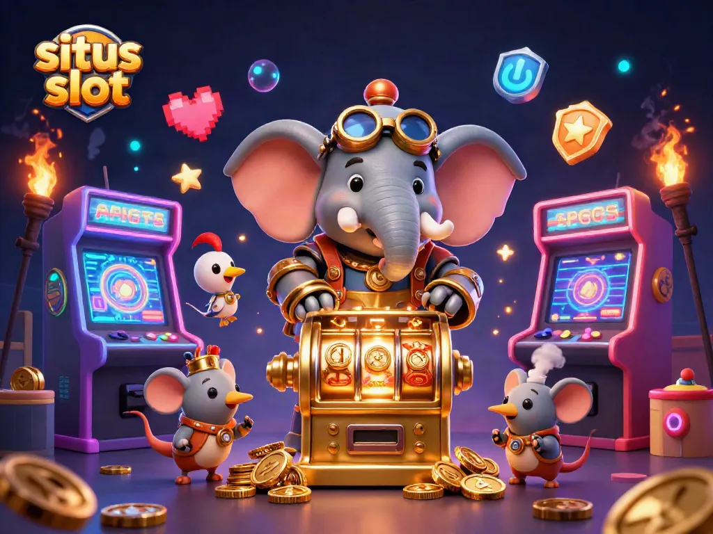 Menang besar di situs slot dengan mesin slot emas dan karakter unik dalam ilustrasi 3D.