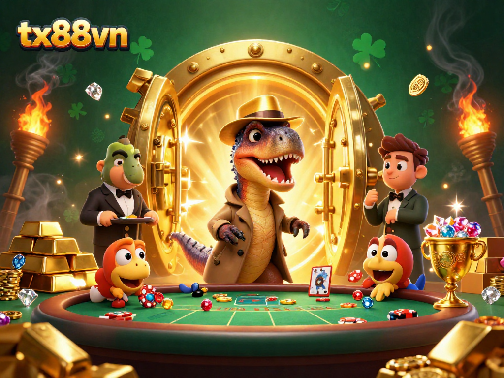 Watch a velociraptor card counter sneak at the tx88vn blackjack table amidst gold treasures.