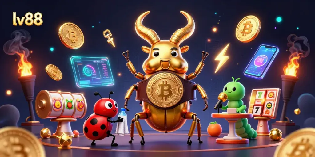 Experience thrilling action at lv88 with golden beetle champions and neon-styled slot games.