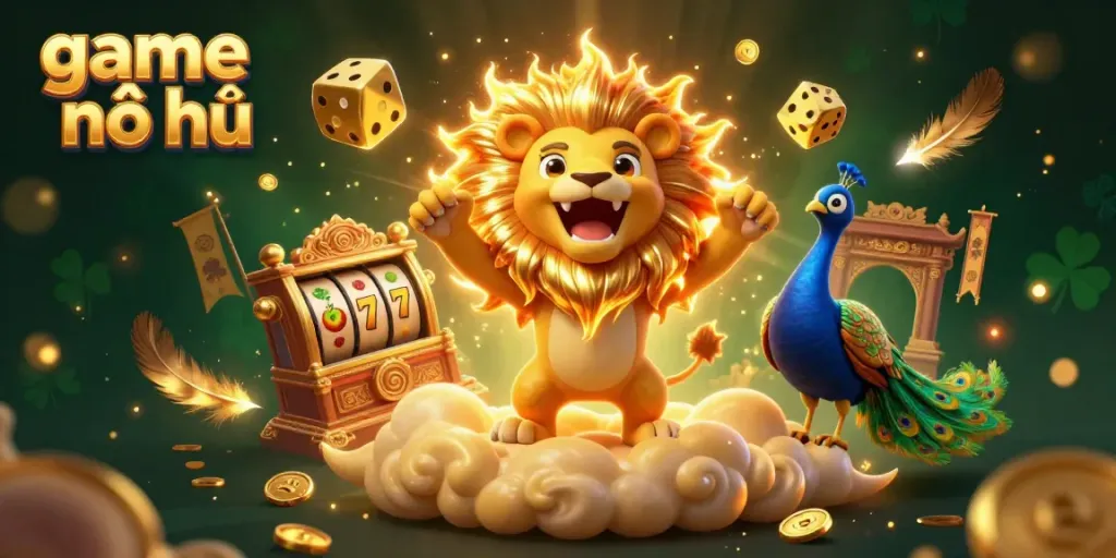 Experience the excitement of game nổ hũ with a vibrant 3D illustration featuring a roaring lion and golden slot elements.