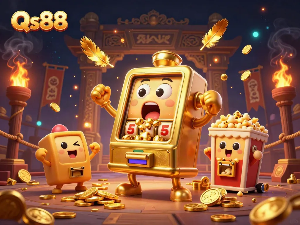 Engaging scene of Qs88's lively golden slot machine experiencing a jackpot, with cheering mini slot machines.