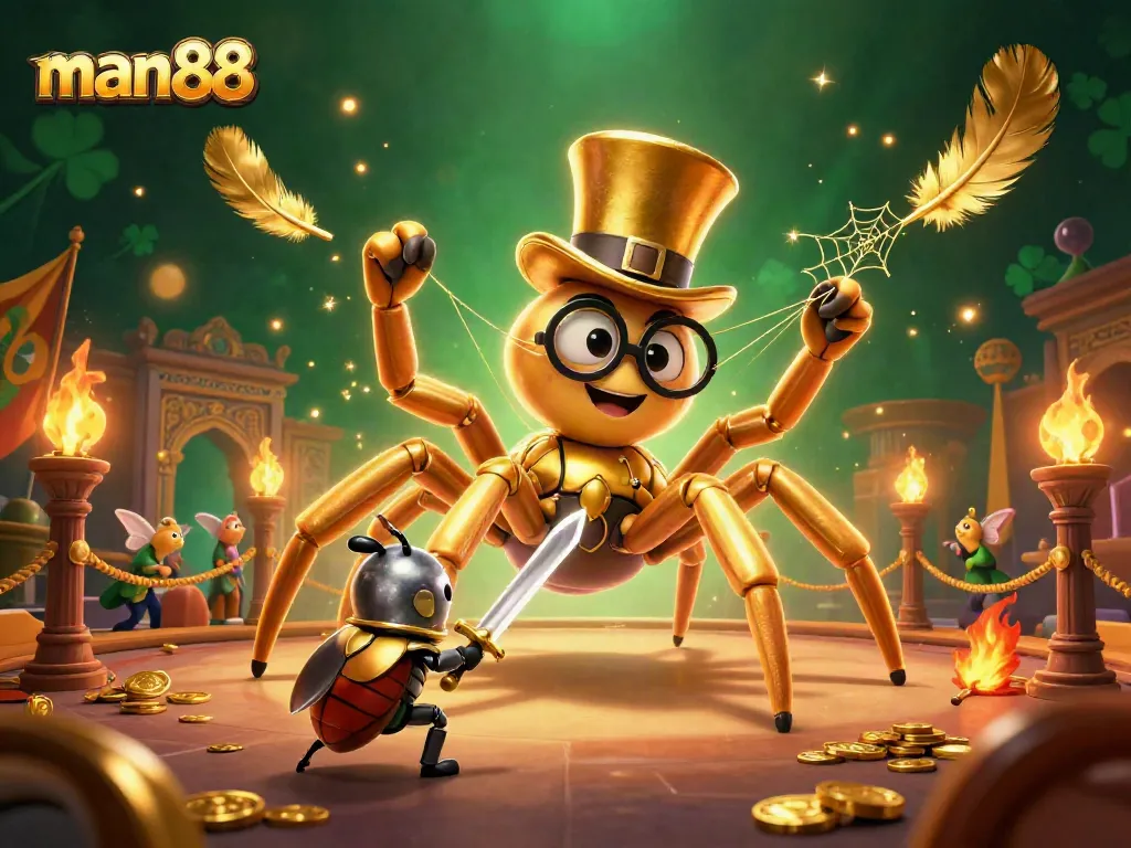 Engage in thrilling bets at man88 with a captivating scene featuring a golden tarantula and knight.