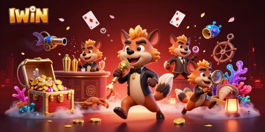 IWIN casino scene featuring hyenas in a comedy club ambiance, immersed in vibrant animation with casino elements.