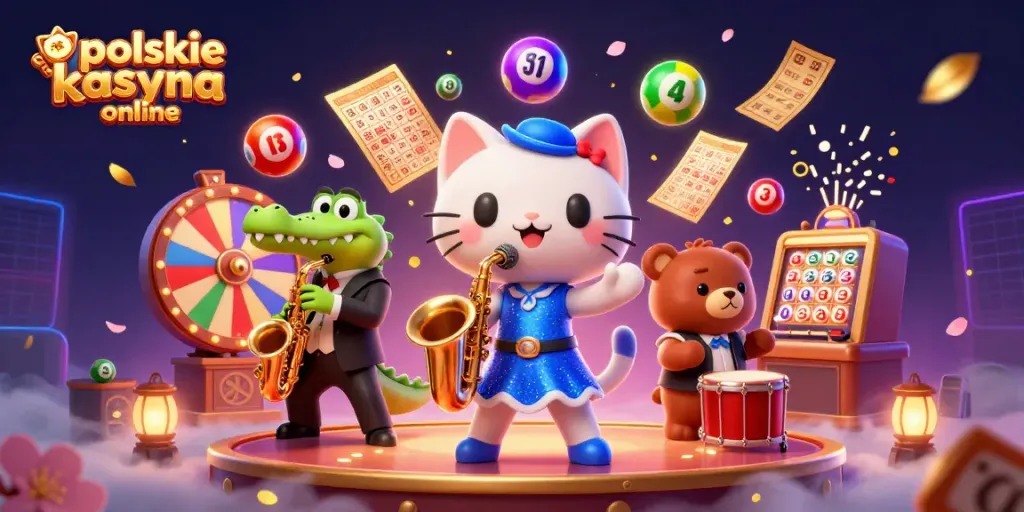 Experience the excitement of polskie kasyna online with a vibrant 3D illustration of musical characters surrounded by casino elements and lottery games.