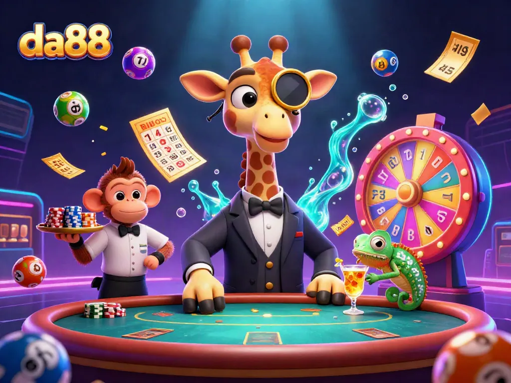 Join the action at da88 with a vibrant casino scene depicting a giraffe, valet monkey, and chameleon bartender.