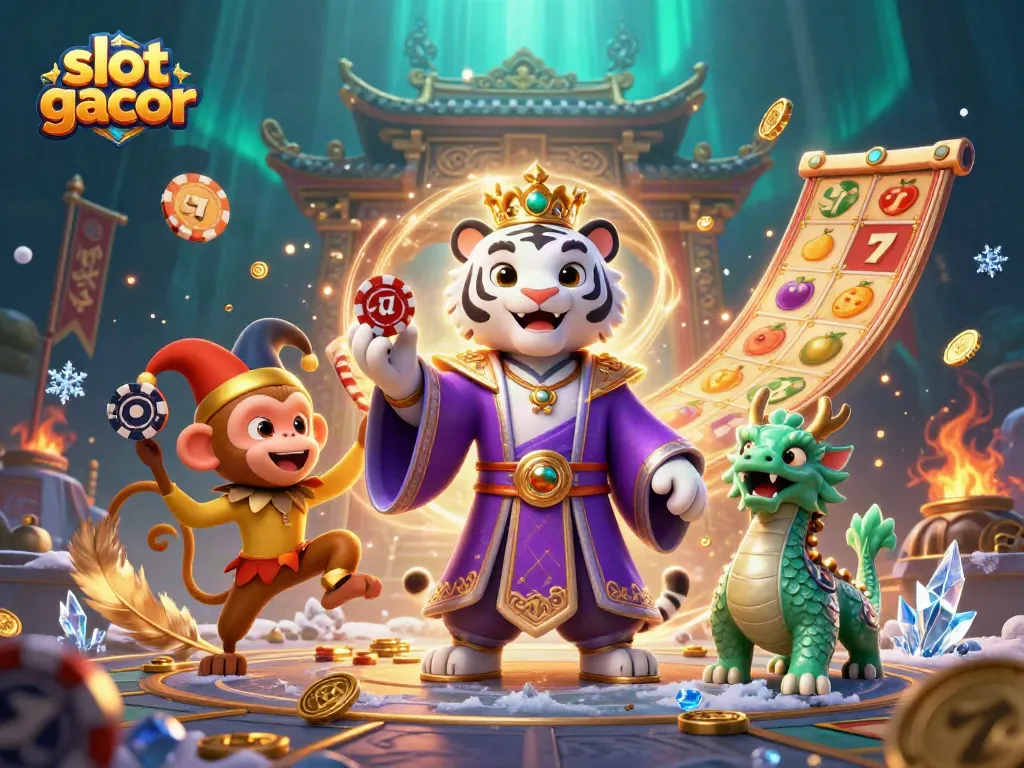 Engaging scene showcasing the slot gacor experience with a tiger, monkey, and dragon amid vibrant casino elements.