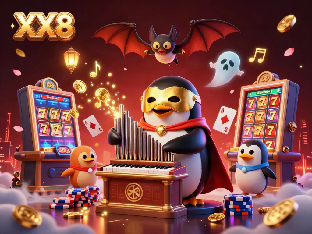 Experience the thrill of winning with XX8: 3D penguin and bat set in a vibrant casino scene.