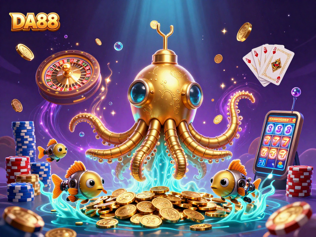 Engage with DA88's vibrant casino world featuring a golden kraken submarine and dynamic game elements.