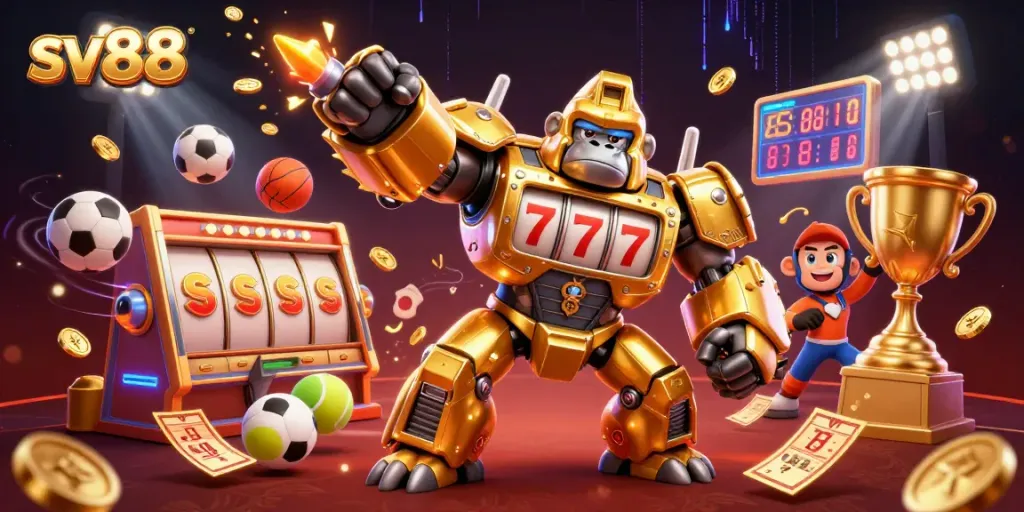 Experience thrilling gameplay with sv88's golden gorilla mech and dynamic slot elements in action.