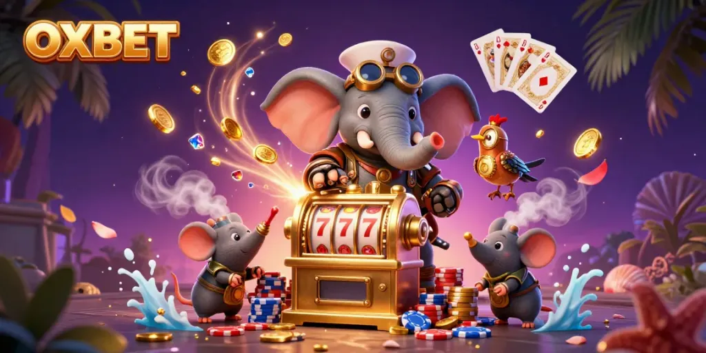 Experience OXBET's vibrant casino scene with a steampunk elephant and golden slots.