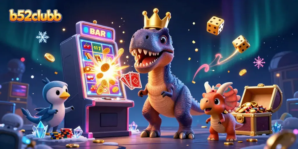 Engaging 3D cartoon scene depicting b52clubb characters enjoying casino games with golden chips and a jackpot slot machine.