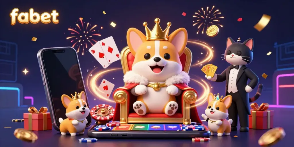 Bet and win big at FABET, as a royal corgi sits on a poker chip throne.