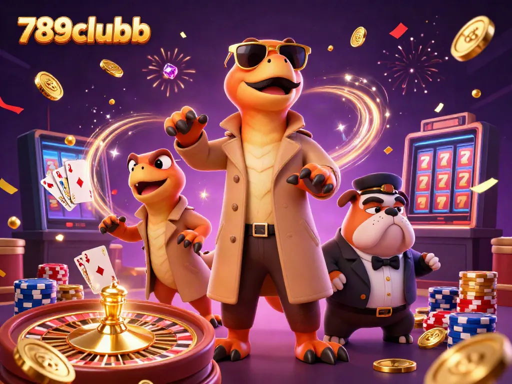 Experience the thrilling entertainment of 789clubb in a dynamic VIP casino scene with playful characters.