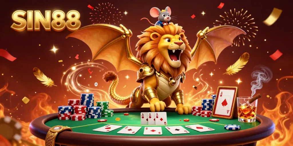 SIN88's vibrant gambling atmosphere featuring a golden chimera and mouse jockey at a poker table.
