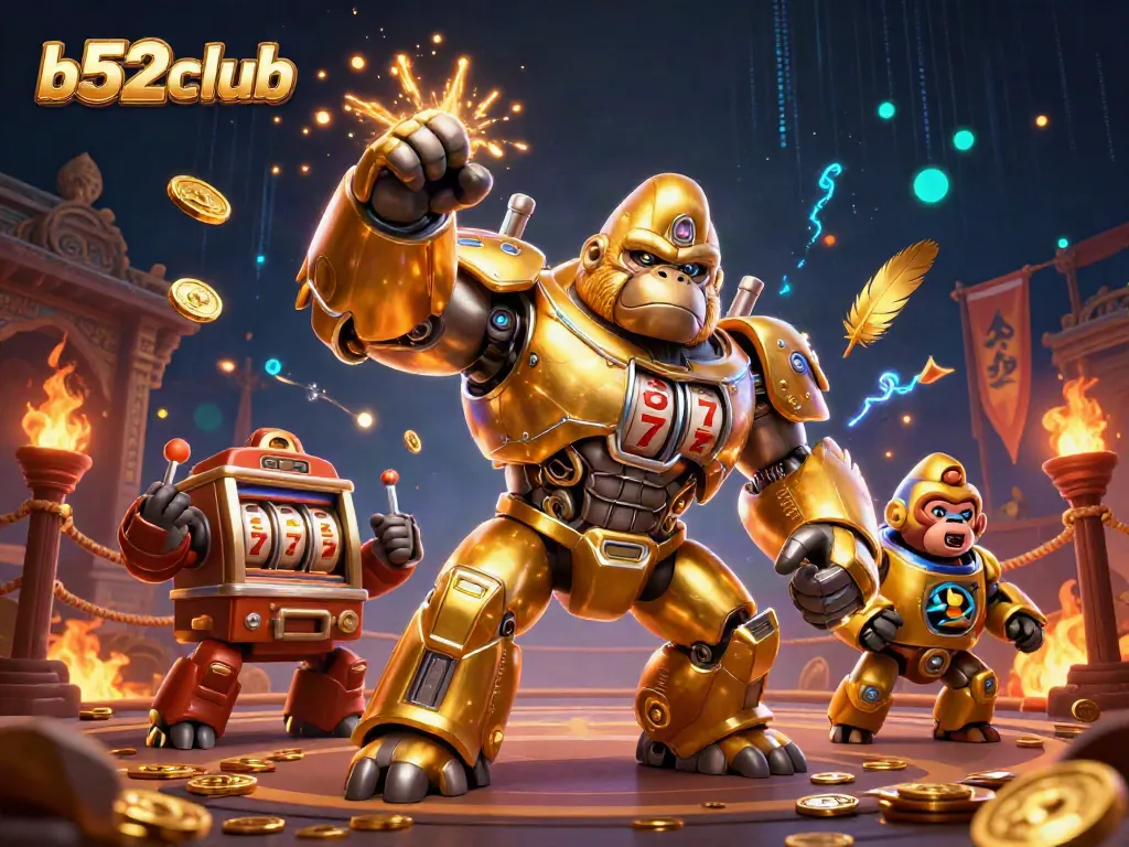 Experience thrilling gameplay at b52club with dynamic 3D characters and golden casino elements.