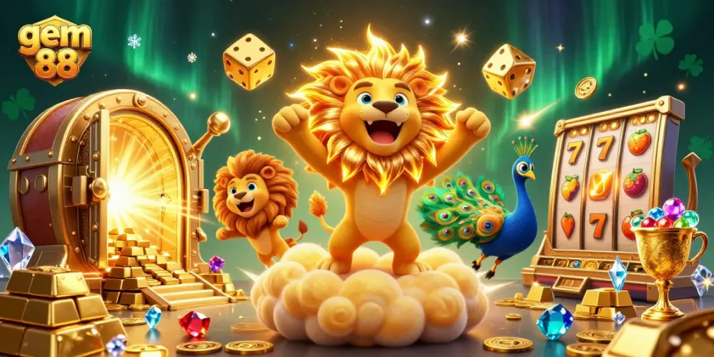 Engage in the thrilling world of gem 88 with a vibrant, animation-rich 3D casino illustration.
