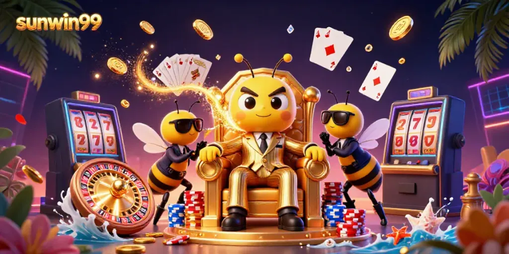 Experience the thrill of sunwin99 with a vivid scene of a cartoon mob boss amidst casino riches.