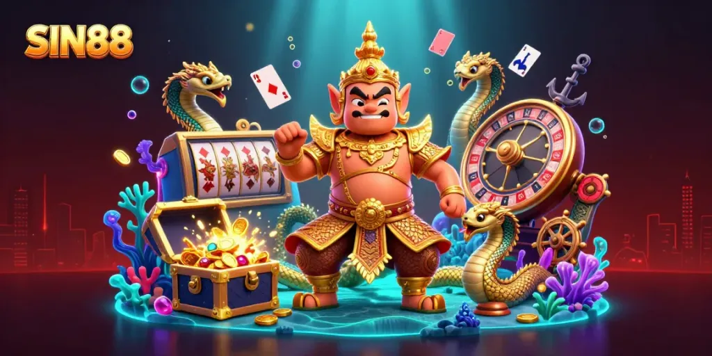 Experience thrilling gameplay with SIN88, featuring a vibrant scene of casino activities and mystical guardians.
