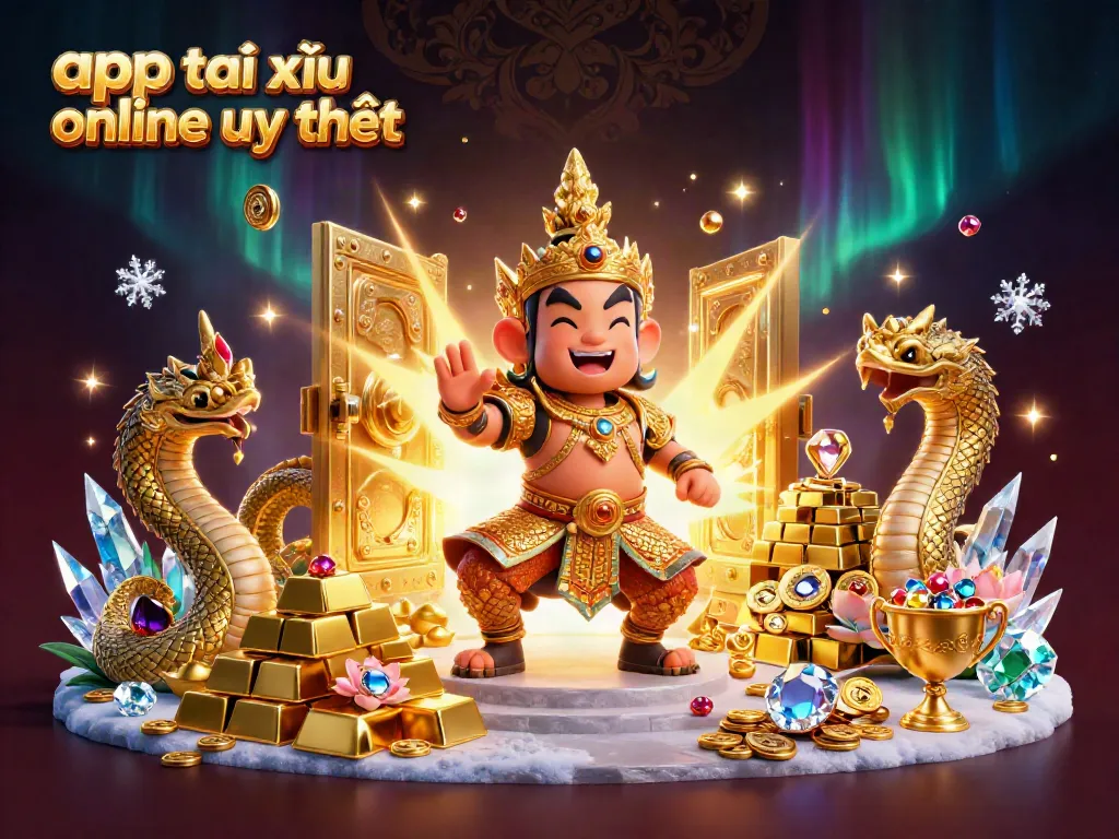 Engage with the app tài xỉu online uy tín, a vibrant scene of a golden guardian and treasure.
