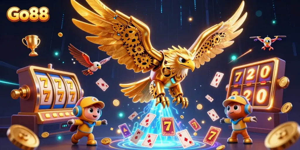 Engage with Go88's dynamic 3D casino scene featuring a golden eagle among slot game elements