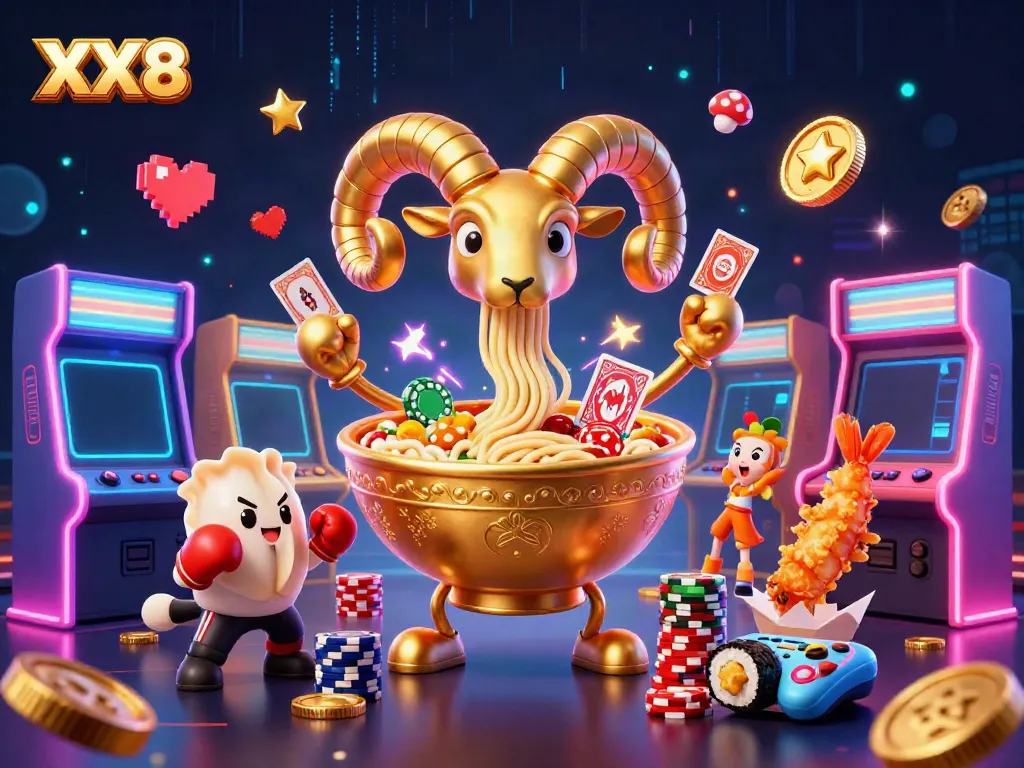 Engage in fun with the dynamic XX8 casino scene featuring playful characters and vibrant gaming elements.