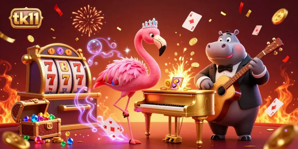 Engage with tk11's thrilling casino world, featuring a lively flamingo singer and hippo bassist with dynamic gaming elements.