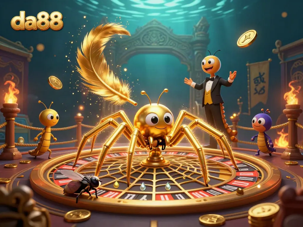 Experience the thrill of da88 with a golden spider spinning a roulette-themed web, showcasing vibrant casino elements.