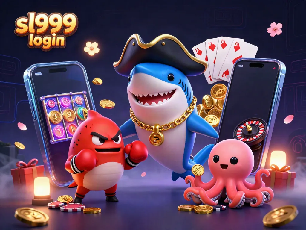 Engage with SL999 login using a lively illustration of a pirate shark and friends surrounded by casino games.
