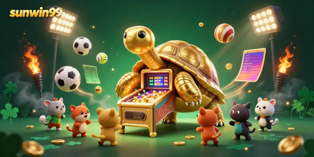 Experience excitement with sunwin99 as golden tortoise pinball machine draws in eager players amid vibrant casino elements.