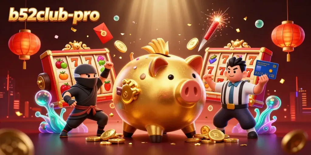Watch the b52club-pro golden piggy bank sumo wrestler shake loose coins in this vibrant casino digital art.
