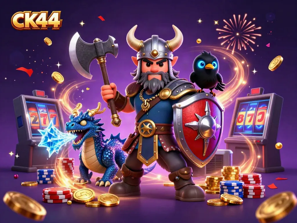 Experience the thrill of ck44 with a Viking wolf warrior, dragon, and vibrant casino elements.