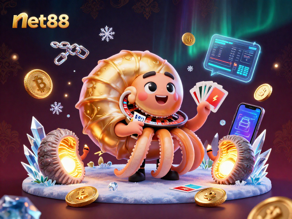 Experience thrilling gameplay with net88 in a vibrant 3D casino scene filled with crypto elements.