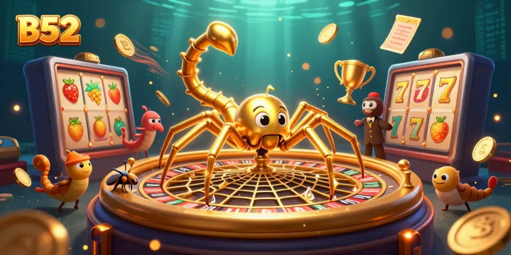B52 spins with golden webs, slot reels and sparkling elements, creating a dynamic gambling scene.
