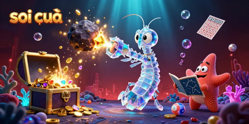 Soi cầu illustration featuring a galactic samurai mantis shrimp and starfish amidst exploding treasure, embodying engaging gambling elements.