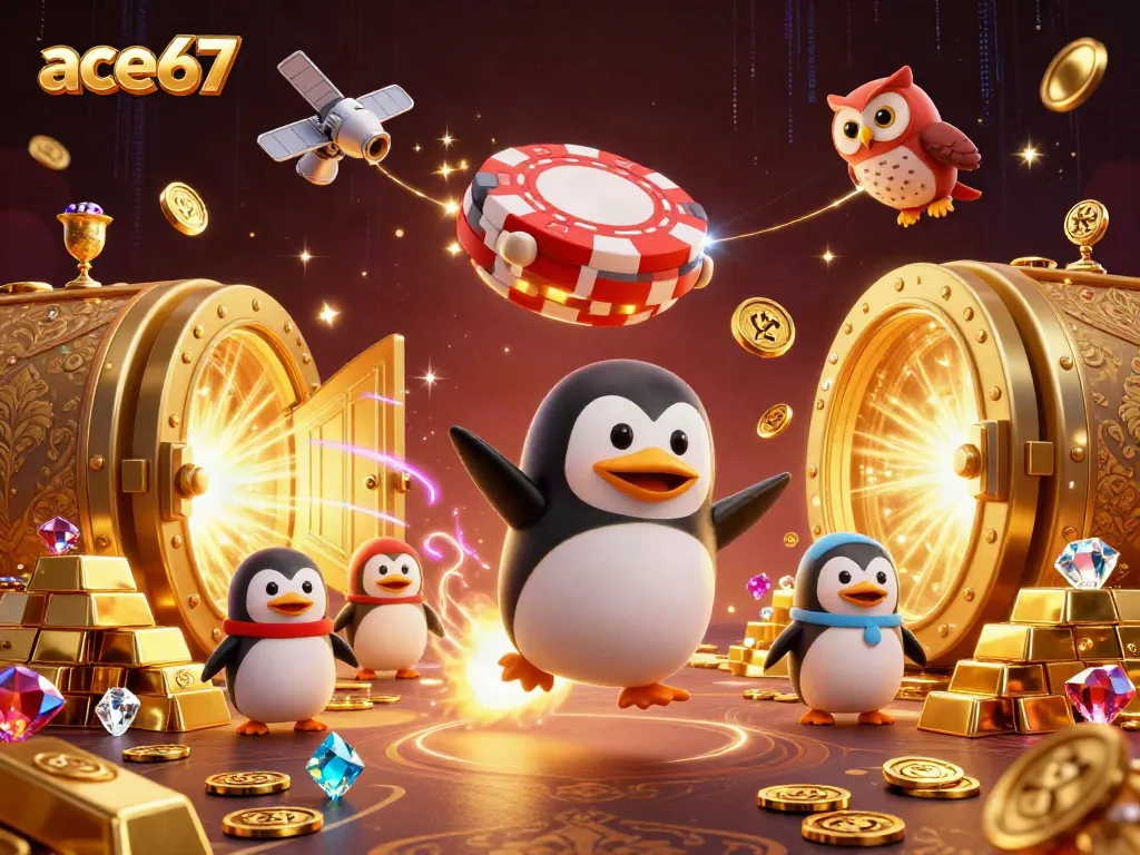 Experience exciting gameplay with ace67, featuring a golden penguin and a dynamic casino space scene.