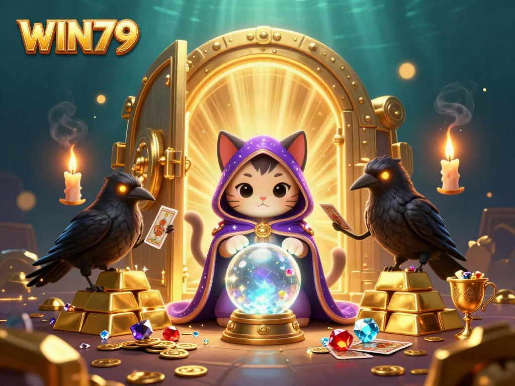 Experience thrilling wins with WIN79 in a visually rich 3D casino illustration filled with treasures and mystical characters.