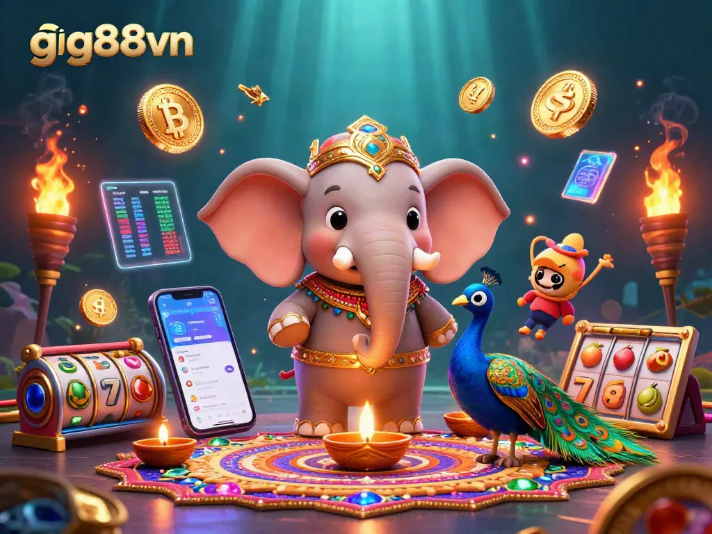 Engage in thrilling gaming adventures with gg88vn's vibrant casino atmosphere featuring a colorful elephant and peacock.