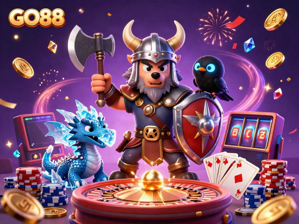 Join the GO88 adventure with a Viking warrior, fierce dragon, and poker elements in an exciting casino scene.