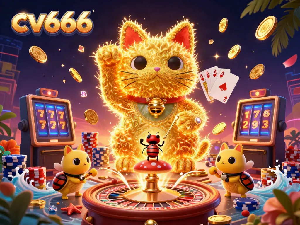 Engage with cv666 as a vibrant lucky cat surrounded by sparkling casino elements, offering immersive gaming excitement.