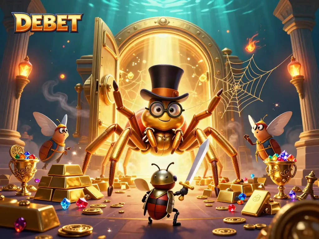 Engage with DEBET as a brave beetle knight attempts to win in a vibrant casino scene.