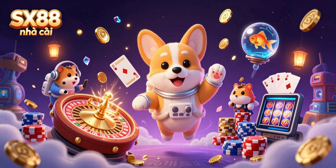 SX88 nhà cái showcases an astronaut corgi in a space casino surrounded by sparkling gaming elements