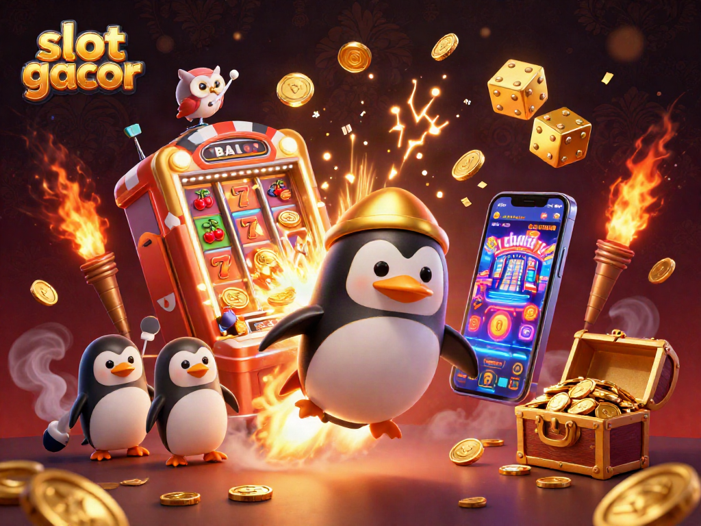Experience the thrill of slot gacor with a golden penguin soaring towards a casino space station.